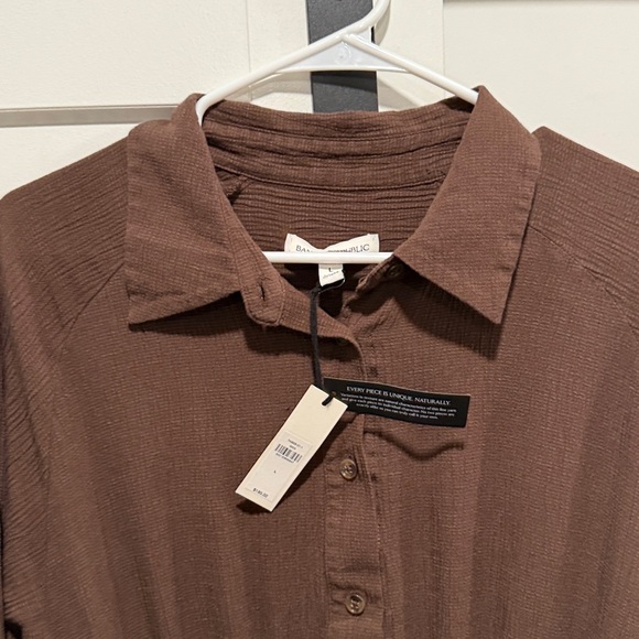 BANANA REPUBLIC GAUZE SHIRT DRESS brown long sleeve maxi button linen blend - Picture 7 of 8